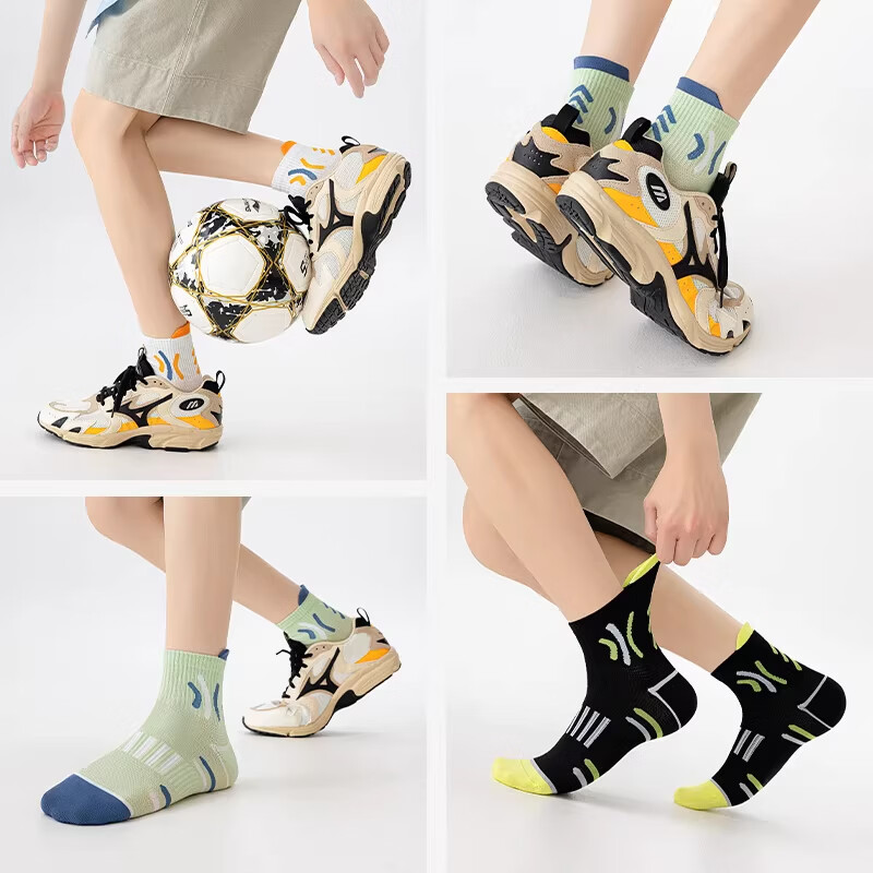 本曲青少年袜子男款中筒夏季薄款纯棉防臭7A抗菌吸汗男童学生运动袜 033款-混色5双装 均码