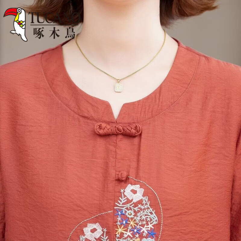 啄木鸟（TUCANO）绣花妈M妈夏装短袖T恤上衣洋气新款中年老年夏季时尚新中式宽松小 橘红色 5XL 建议145-155斤