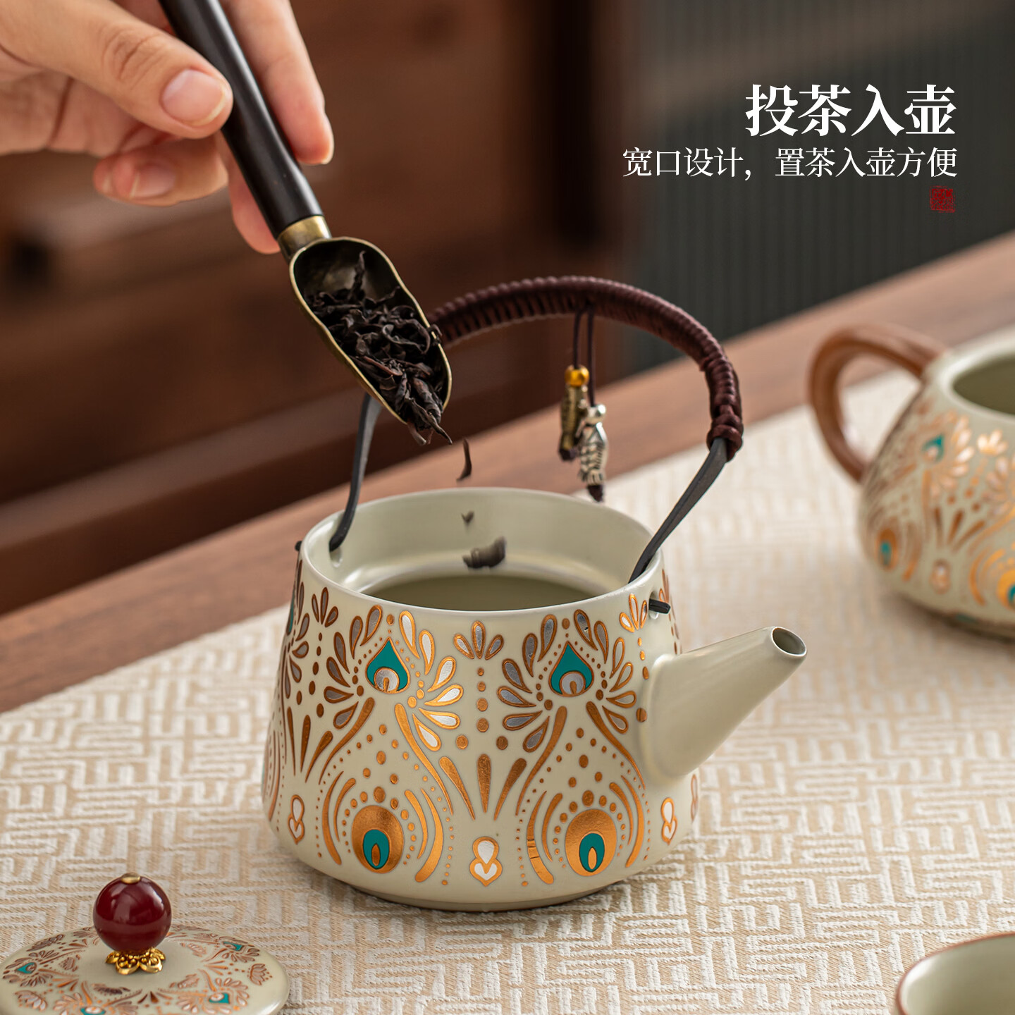 文枝敦煌汝窑功夫茶具套装家用办公室高档盖碗茶杯整套新年节日送礼品 古韵敦煌提梁壶9件套+礼盒