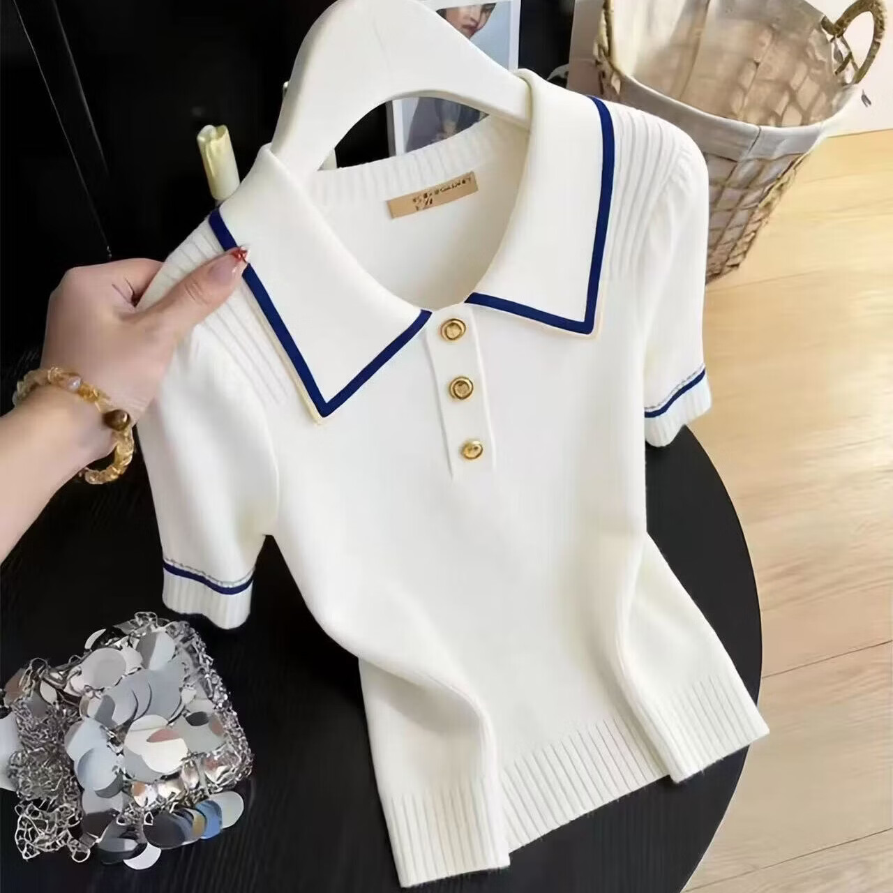 【轻奢品质】韩版设计感小众白色polo领冰丝短袖t恤时尚减龄上衣 【商场品质】冰丝Polo短袖 M 【建议90-120斤】