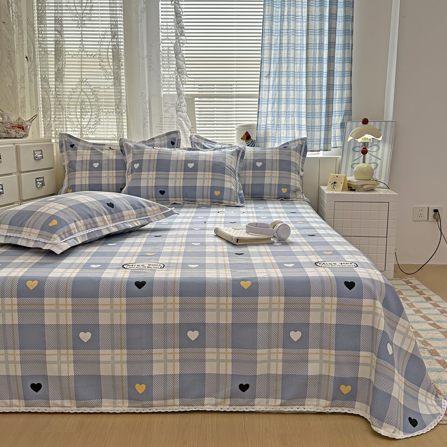 多兰诗（Duolanshi）原棉老粗布床单 加厚可水洗机洗单双人被单老粗布凉席 简爱 200cm*230cm 床单+2只枕套