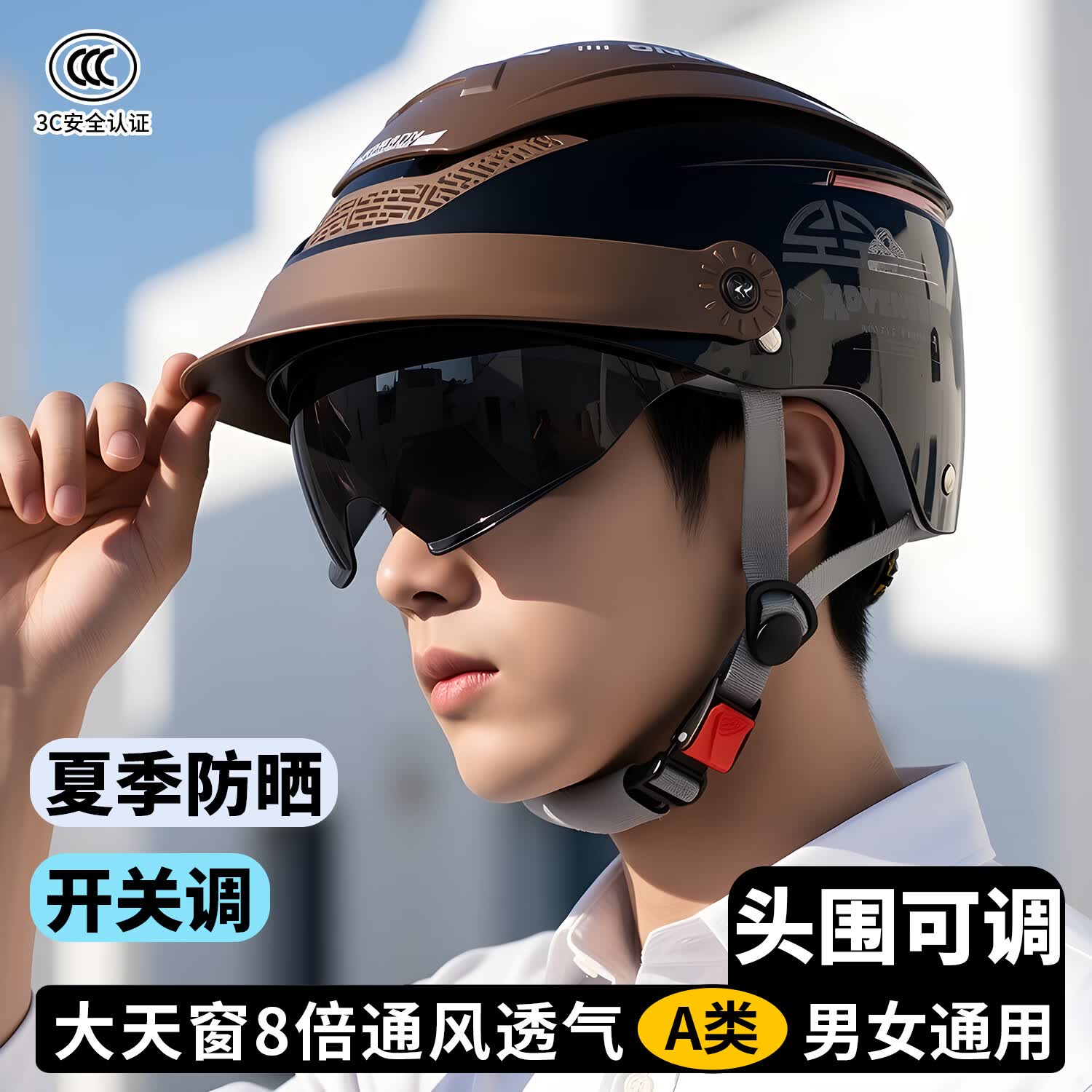 君豪龙（JUNHAOLONG）A类3C认证电动电瓶车摩托车头盔超大天窗通风透气夏季夏天半盔舒适透气不闷热轻便男女士通用防雨 超大天窗【哑黑】透明短+茶短镜 52-62厘米【均码】