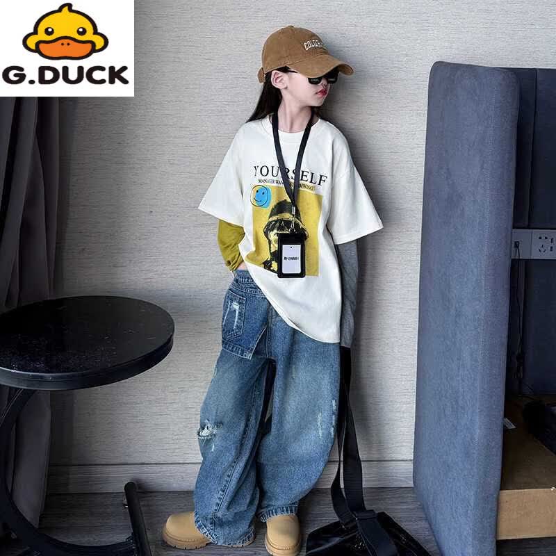 G.duck女童棉长袖假两件t恤套装26新款中大童洋气时髦牛仔阔腿裤两件套 浅杏色棉假两件T恤+蓝色破洞牛仔裤【套装】 120