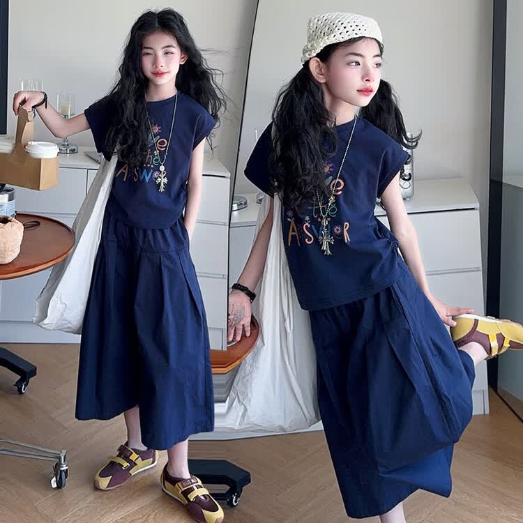 芭帛兔女童夏装套装短袖2025新款中大童洋气儿童女孩夏季阔腿裙裤两件套 藏青色 180 cm