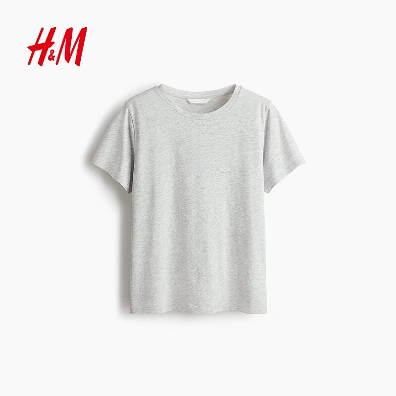 H&amp;M女装T恤春季圆领时尚休闲简约宽松棉质短袖上衣1270848 混浅灰色 M 165/96