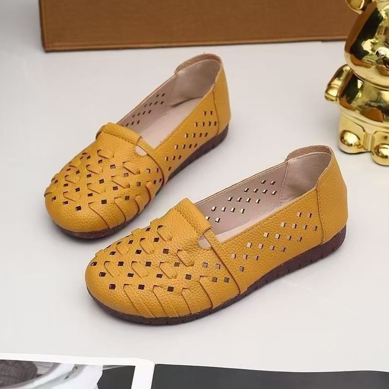 2026夏季新款软底软面百搭休闲平底豆豆鞋女透气镂空女士凉鞋t 黄色 36