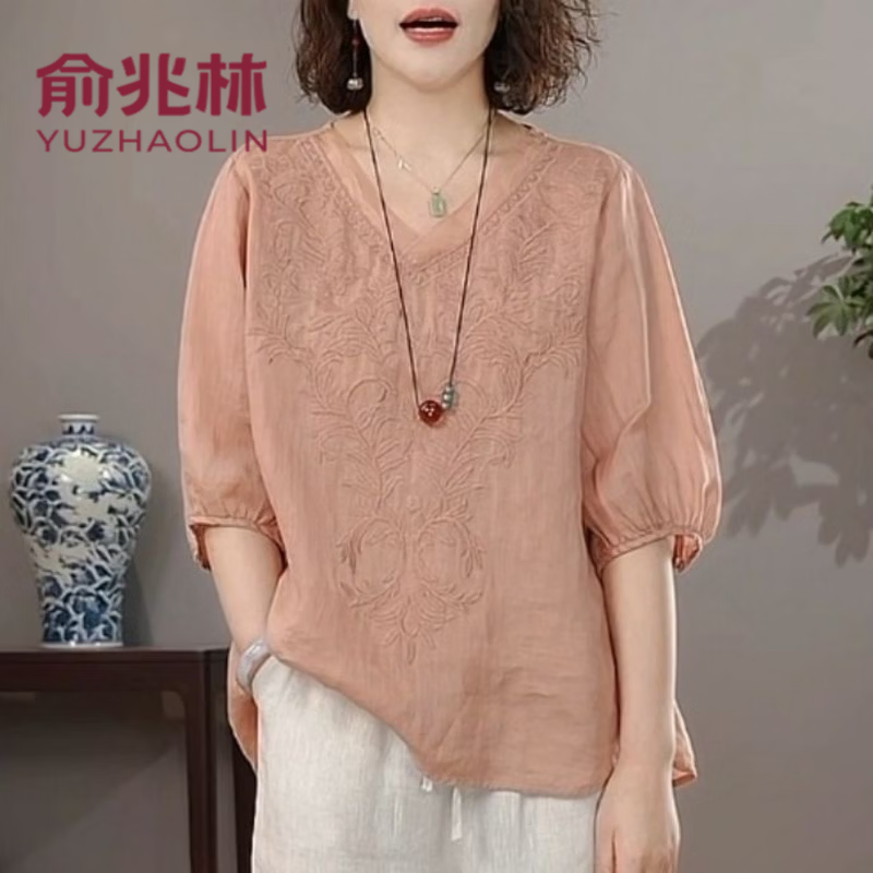 俞兆林(YUZHAOLIN)母亲节妈妈夏装复古风天丝麻V领短袖上衣女士宽松大码刺绣薄款 粉色 3XL (建议115-130斤) 京东折扣/优惠券