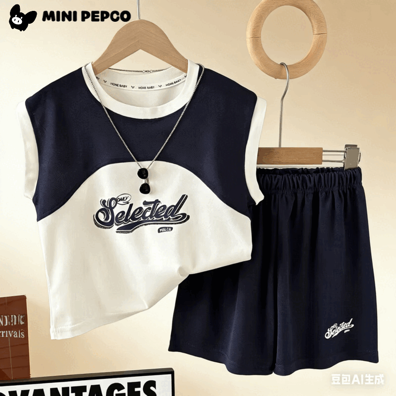 小猪班纳（PEPCO）夏季新款男童T恤韩版字母拼接无袖珠地儿童套装坎肩上衣五分裤子 KS珠地套装-藏青拼白 160
