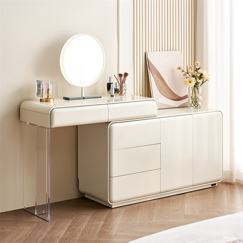 全友（QUANU）家居现代简约伸缩化妆梳妆台斗柜一体卧室转角书桌高级感收纳柜子 珍珠白|妆台+妆镜