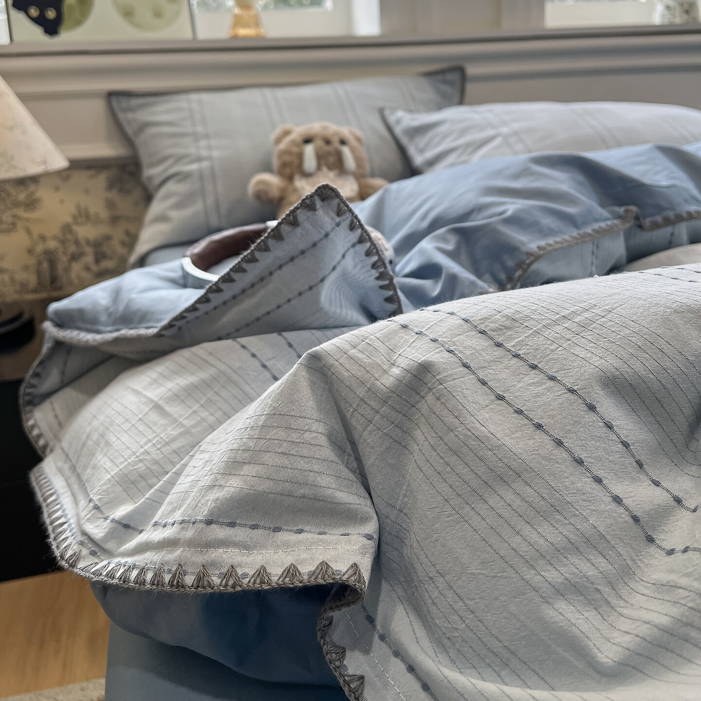 苏萱轻奢全棉水洗棉提花床上四件套2026新款四季通用纯棉被套床单床笠 序语-蓝 学生 床单款 三件套-被套150x200cm