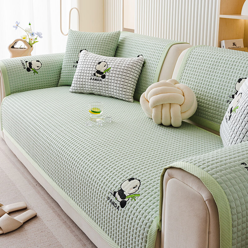 ALPLUME夏季冰丝沙发垫2026新款凉豆豆凉感凉席坐垫高级感防滑沙发盖布巾 方格小熊猫-紫色 专业定制丨咨询客服