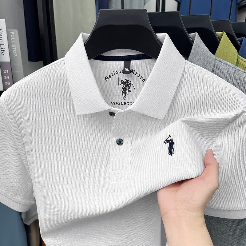 尺度保罗100%纯棉短袖T恤男士夏季薄款透气绣花商务休闲宽松大码POLO衫男 IG83318花灰 L 推荐120-135斤