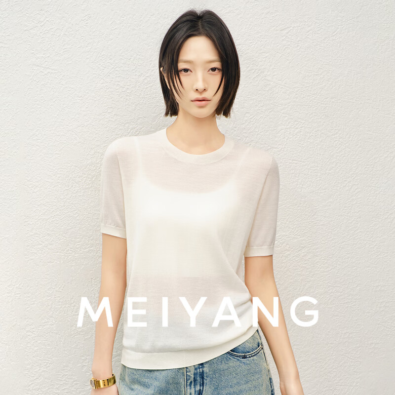 美洋（MEIYANG）简法针织衫 可机洗绵羊毛_无缝一体圆领短袖-周五 白色 XL