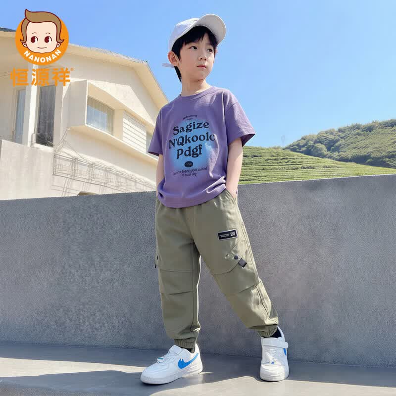 恒源祥男童夏装套装2026新款儿童装中大童运动酷帅气男孩薄款夏季夏款潮 紫色 150 cm 建议身高140-150cm 体重65-75斤
