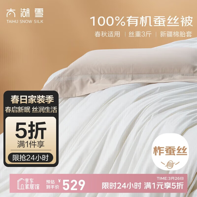 太湖雪 绸韵蚕丝冬被 100%蚕丝 丝重3斤 A类全棉防螨抑菌220*240cm