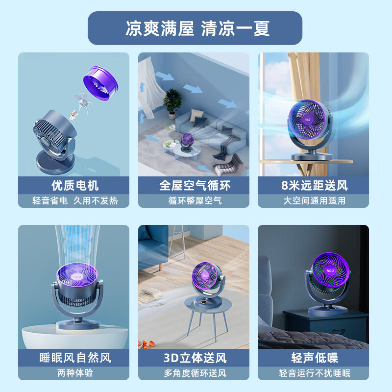 VCJ空气循环扇桌面风扇家用电风扇台式小风扇卧室办公室宿舍轻音节能涡轮循环对流轻音低噪空调伴侣 【usb按键款】可壁挂 | 三档调节