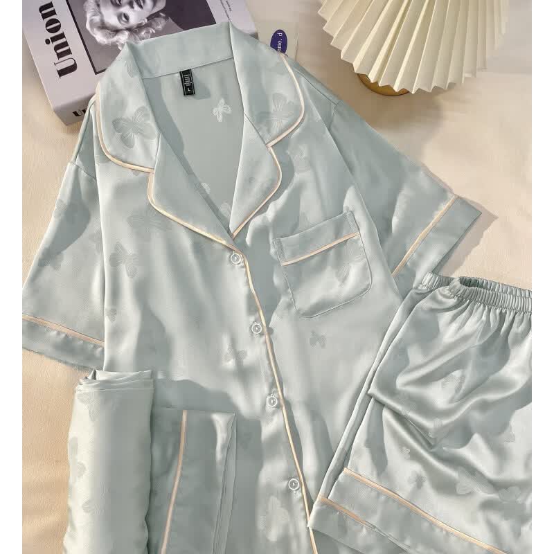 德莉娅2026新款女士真丝睡衣带胸垫桑蚕丝薄款家居服套装送女友闺蜜礼物 水蓝色蝴蝶短袖+长裤 【真丝礼盒装】 XL 【适合120-140斤】
