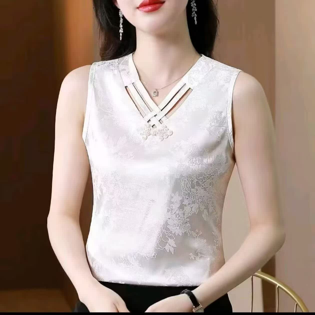 梵米兴2026新中式国风印花背心女夏季无袖马甲吊带内搭外穿打底衫提花 黑色 XL 建议80-105斤