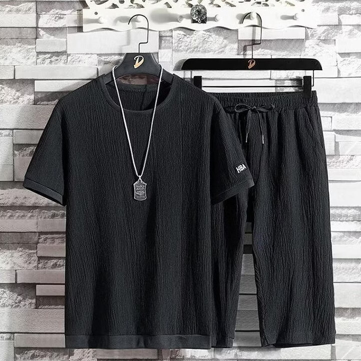 锐图森男士夏季禅悟冰丝套装男宽松大码休闲运动套装男短袖七分裤两件套 555套装-白色 2XL（建议130-150斤）