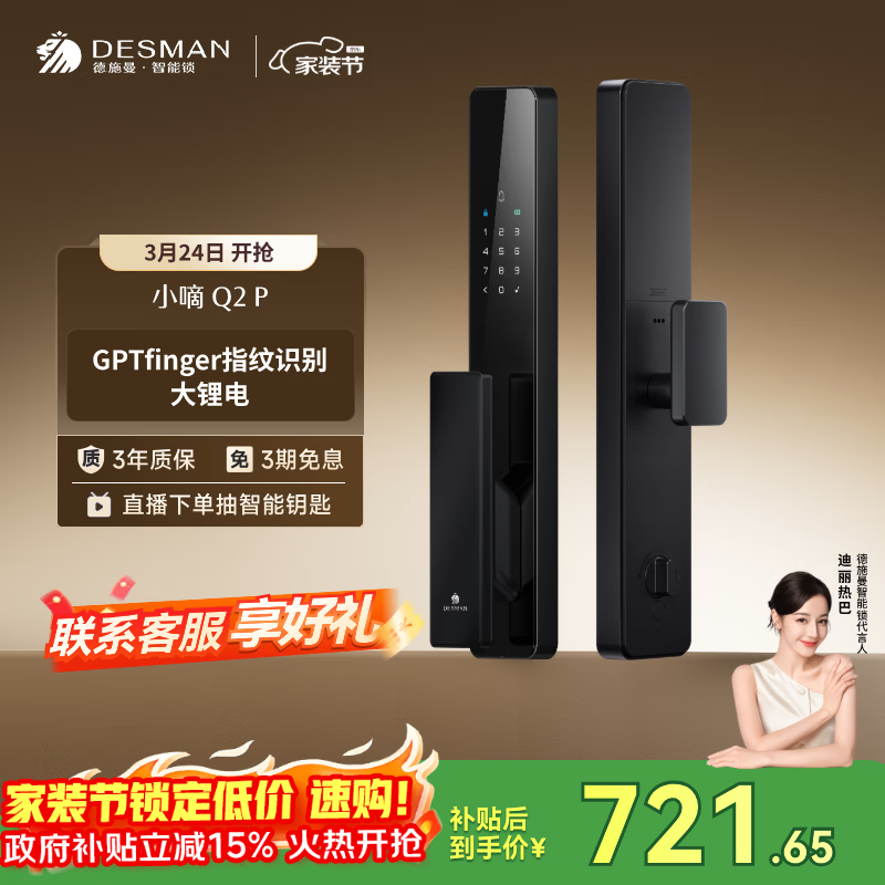 德施曼（DESMAN）智能门锁密码锁入户门 电子锁家用防盗指纹锁小嘀Q2P【一价全包】