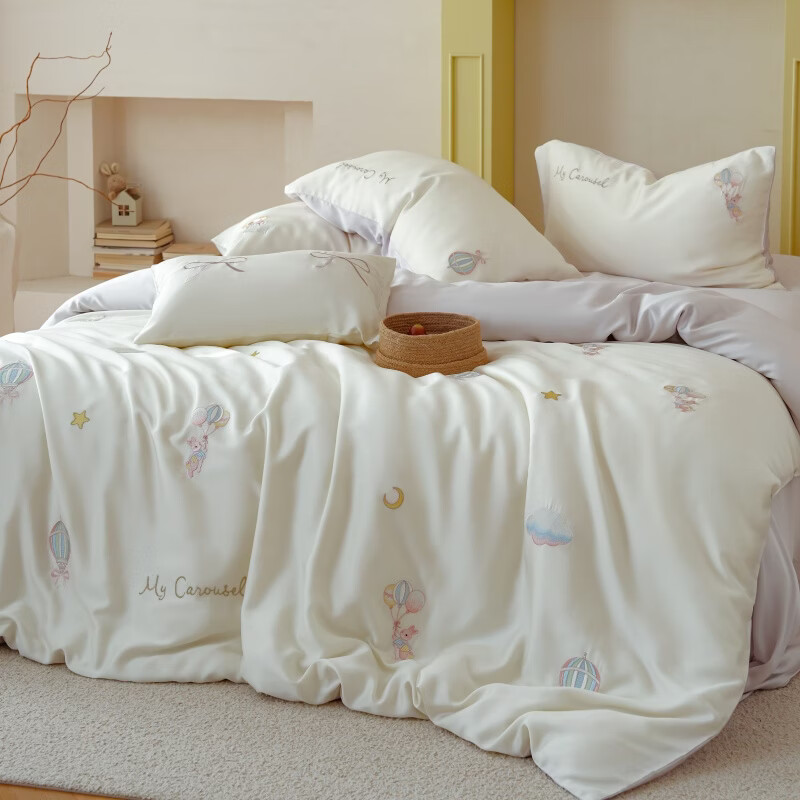 ROLAND LIVE兰精天丝四件套夏季透气丝滑刺绣被套床单单双人床凉感床品三件套 JCZY 天丝刺绣套件-萌兔气球 1.2米床 床单款 【被套150*200cm】