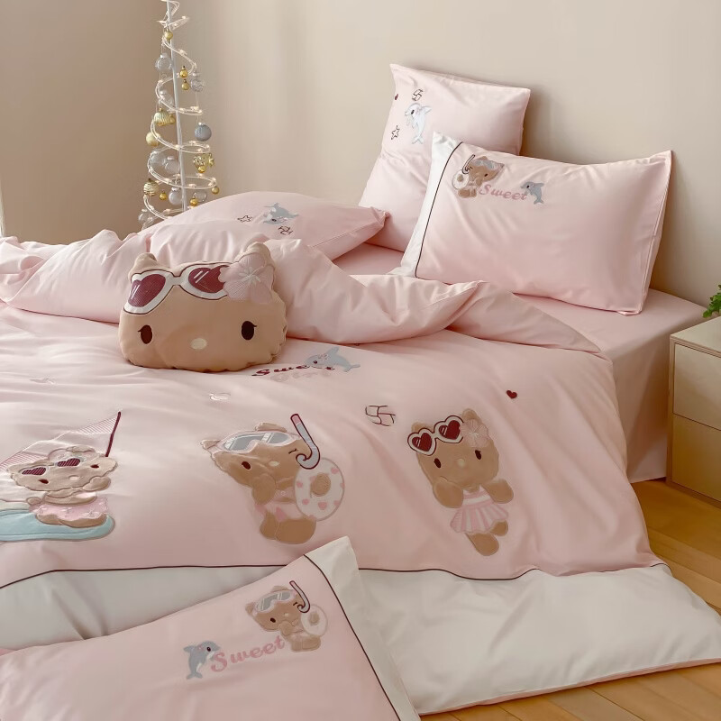 ROLAND LIVE儿童卡通长绒棉四件套软萌粉色全棉被套床单女孩子床上用品三件套 FX 长绒棉套件-假日喵喵酱 1.2米床 床单款 【被套150*200cm】