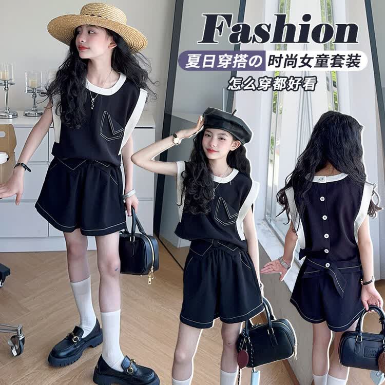 芭帛兔女童夏套装2026新款儿童衣服女孩超好看的夏装大童夏季薄款两件套 黑色 170 cm