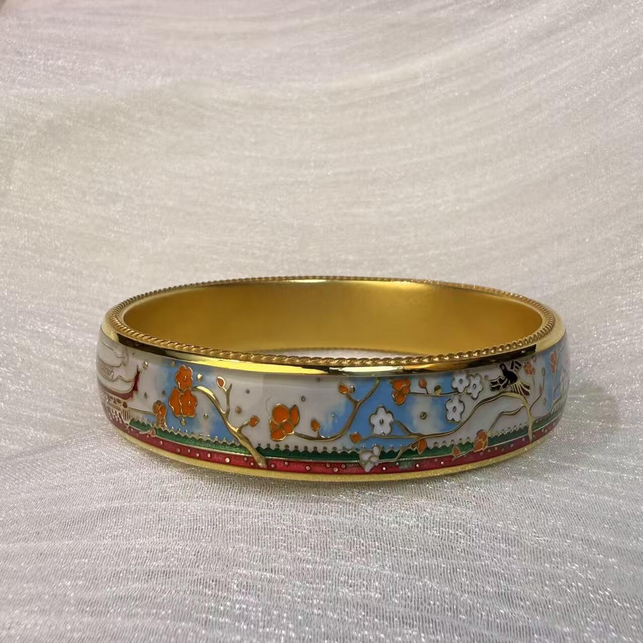 钻之银民族风珐琅彩手镯足银999鎏金拍平工艺 黄色 60圈口约60克