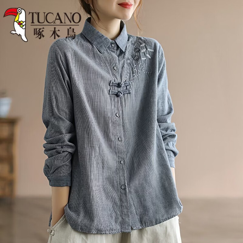 啄木鸟（TUCANO）文艺复古千鸟格棉麻衬衫女2026春季款民族风刺绣中国风盘扣上衣女 蓝色 2XL 建议130-145斤