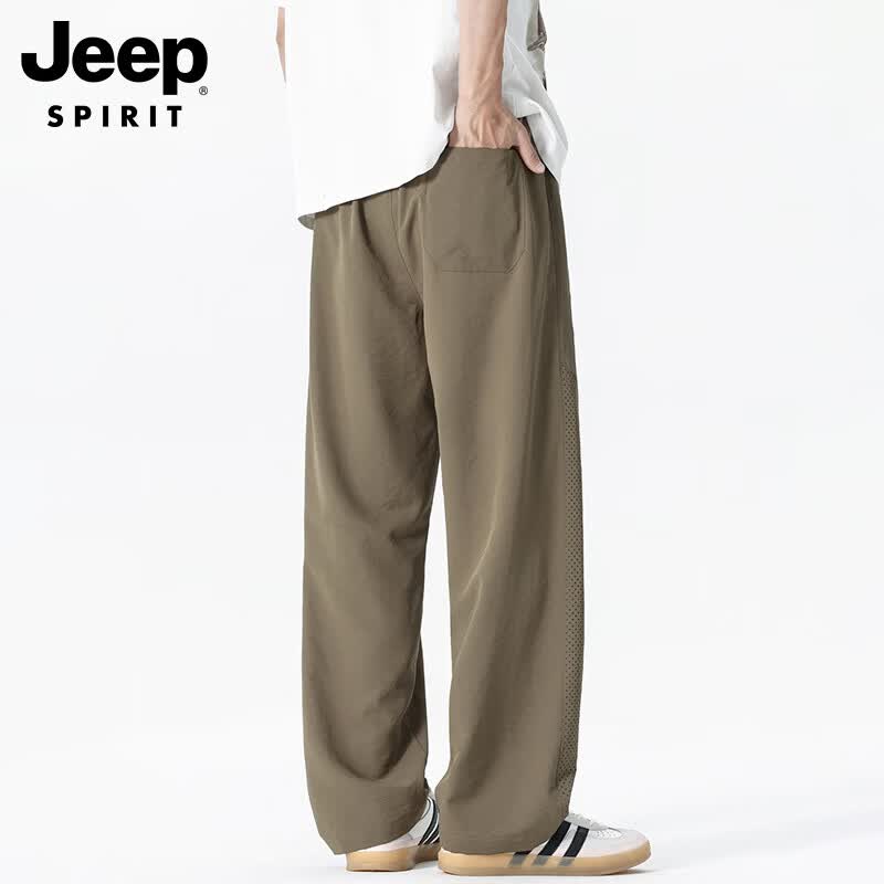 JEEP SPIRIT吉普薄款透气速干冰丝直筒休闲裤男春夏季运动户外宽松长裤子大码 军绿色 2XL （建议145-165斤）