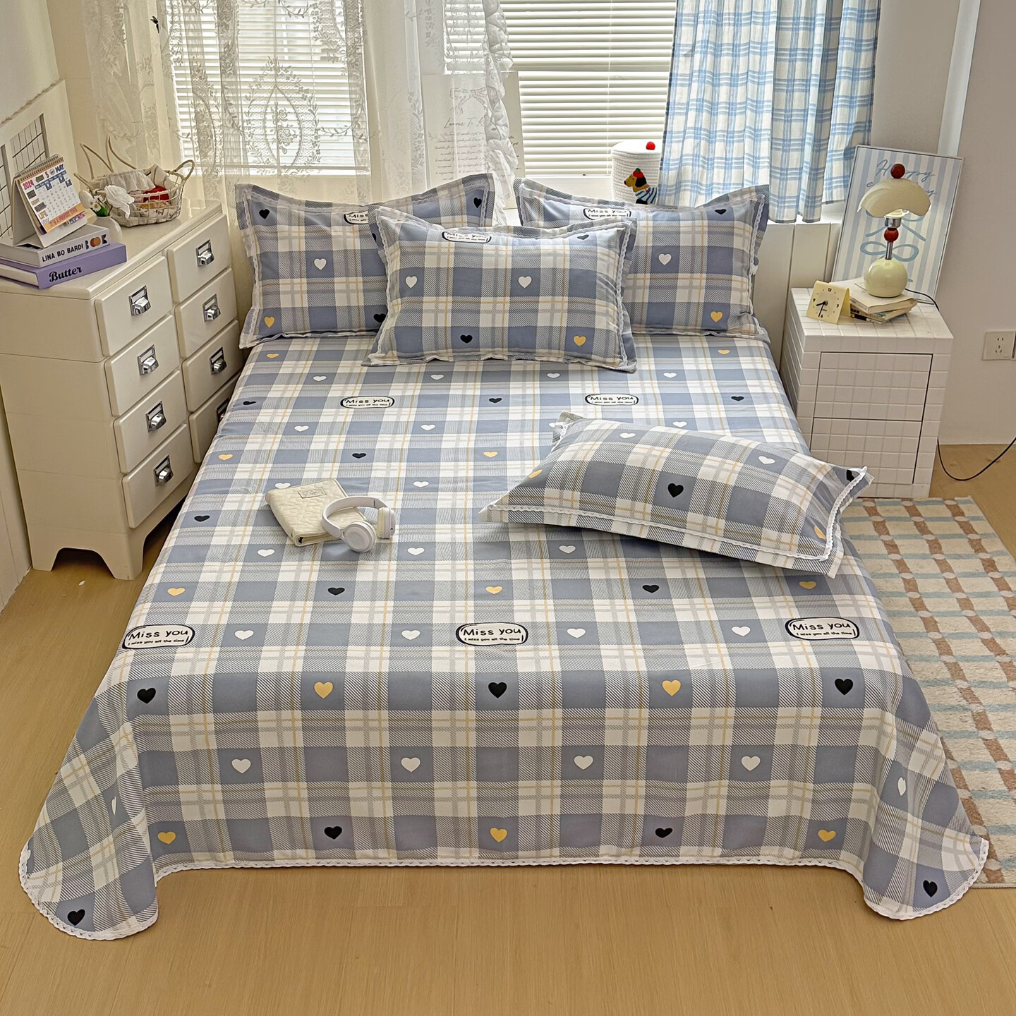 多兰诗（Duolanshi）原棉老粗布床单 加厚可水洗机洗单双人被单老粗布凉席 简爱 200cm*230cm 床单+2只枕套