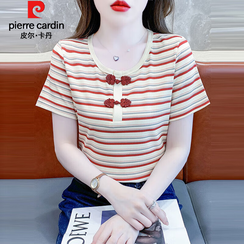 盘扣短袖t恤女2025夏季新款时尚显瘦圆领撞色百搭打底衫上衣 红色条纹