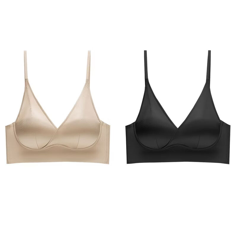 【买1送1】法式性感缎面无痕内衣带胸垫乳胶无钢圈美背一体式内衣 黑色+柔肤色【2件装】 2XL 建议140-160斤