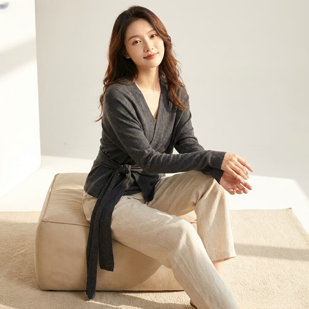 澜度《鹦鹉梨严选》独特外穿V领小衫系带针织衫气质上衣女春款WH8082 烟灰 均码 建议体重（90-130斤）