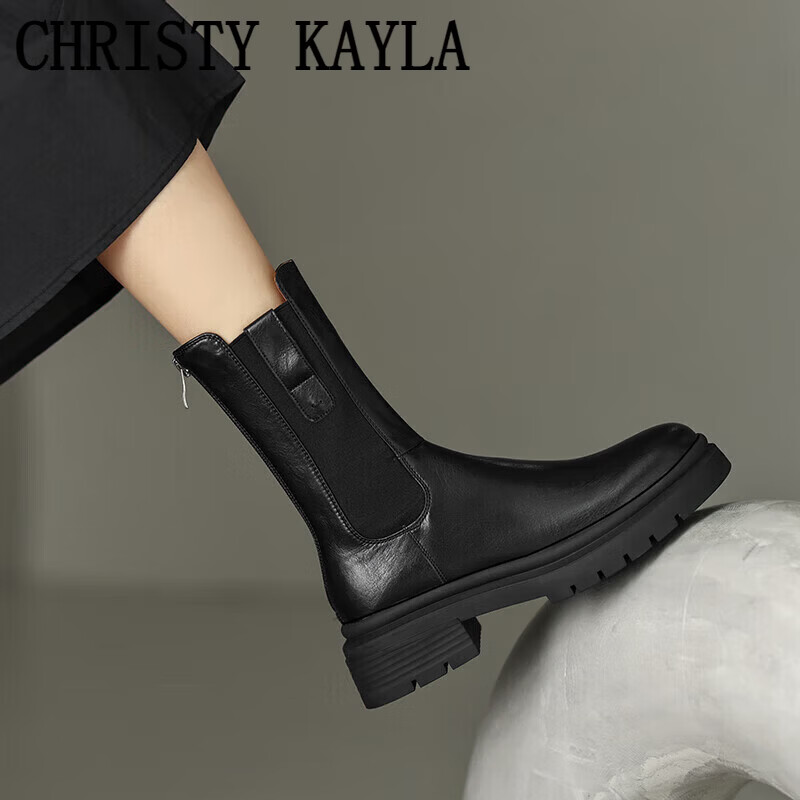 CHRISTY KAYLA英伦风圆头粗跟厚底短靴女冬季新款中筒切尔西靴复古松紧烟筒靴潮 黑色单层 34