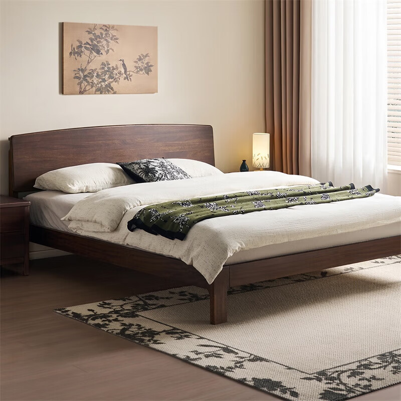 全友（QUANU）家居新中式胡桃木色实木床1.8x2米主卧室家具单双人床家用高脚床 胡桃色|单床 1.8米