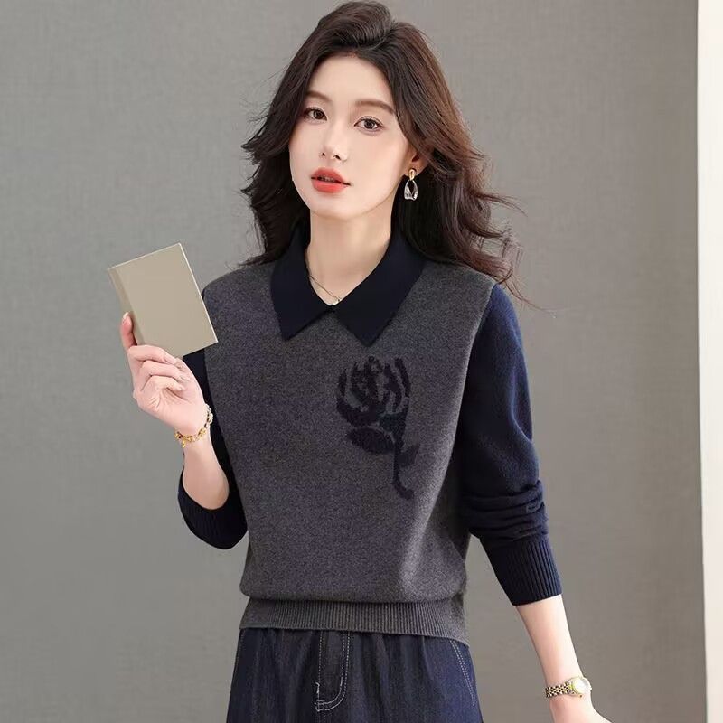 时尚翻领针织衫女毛衣2026年春秋宽松显瘦内搭短款打底衫外穿上衣 灰色 XL 建议115-130斤