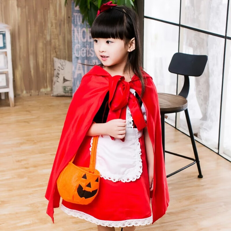 憨乐象万圣节小红帽演出服公主裙圣诞节儿童cosplay表演化妆舞会女童话 红色（连衣裙+围裙+连帽斗篷+南瓜包） 160 cm