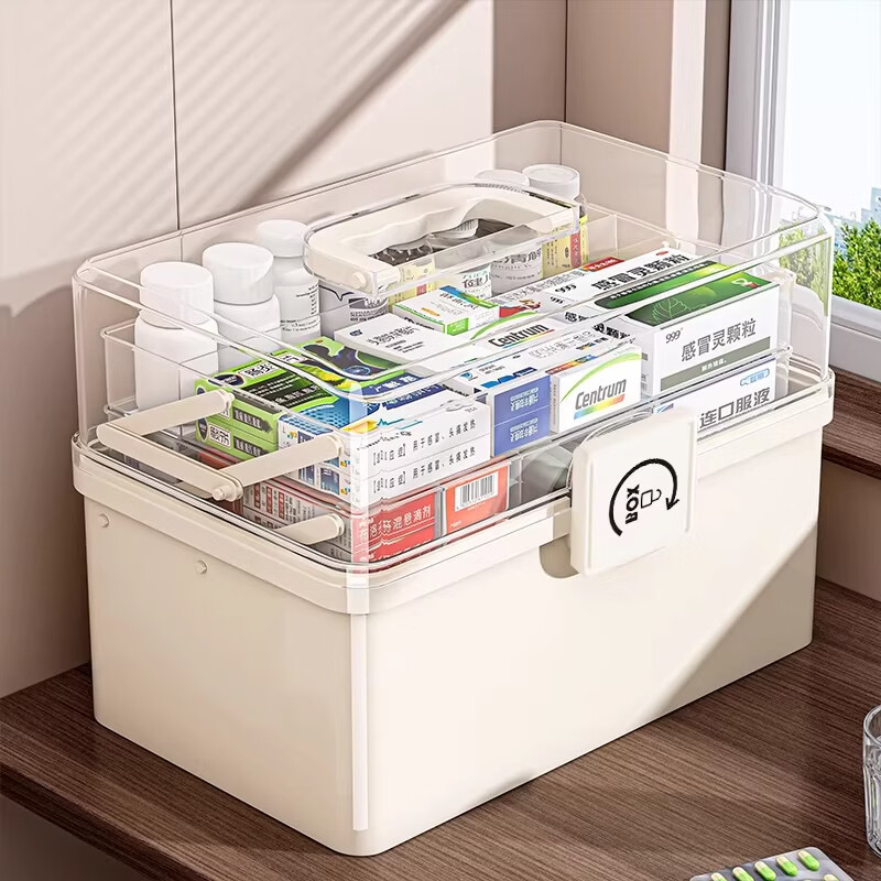 吱凡日本家用医药箱药物收纳盒家庭装大容量多层药品收纳盒便携药盒 【特大-奶油】3层透明【特厚】
