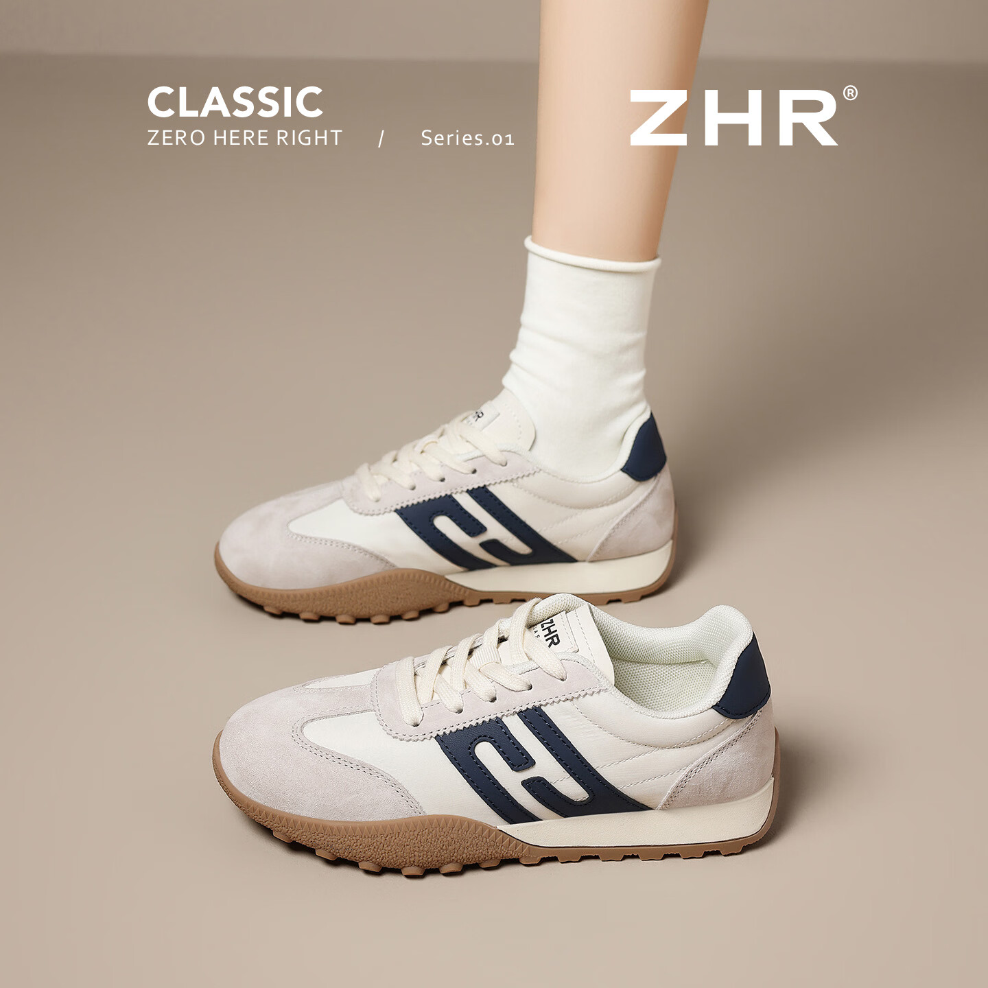 ZHR则则头层猪皮德训鞋女2026新款潮流轻便女鞋拼色软底运动鞋女 米蓝 37