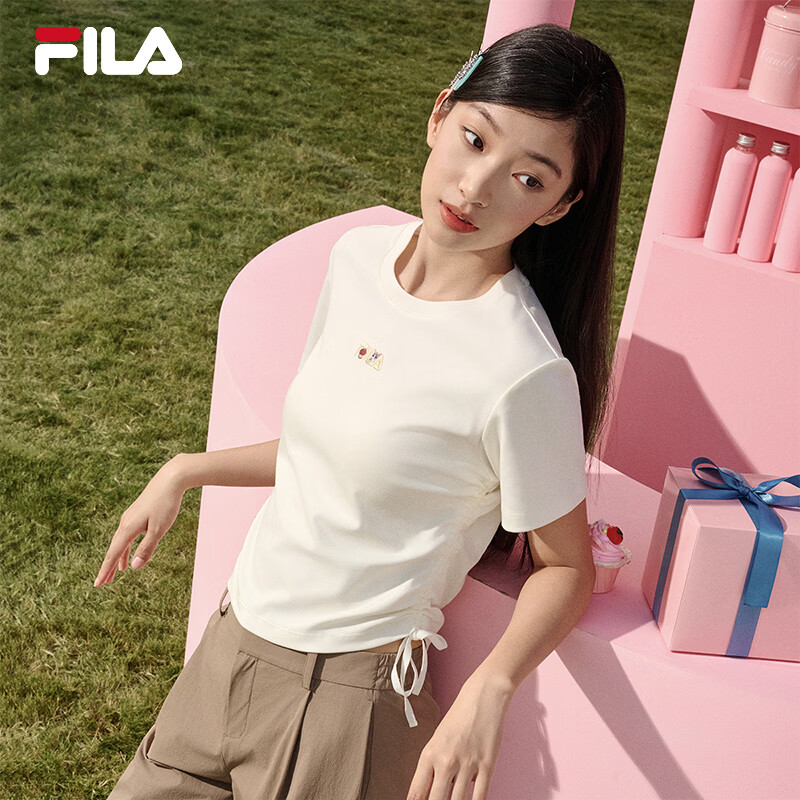 FILA 斐乐官方女装针织短袖衫2026夏新款时尚休闲刺绣logo修身T恤 云菇白-WT M 165/84A/M
