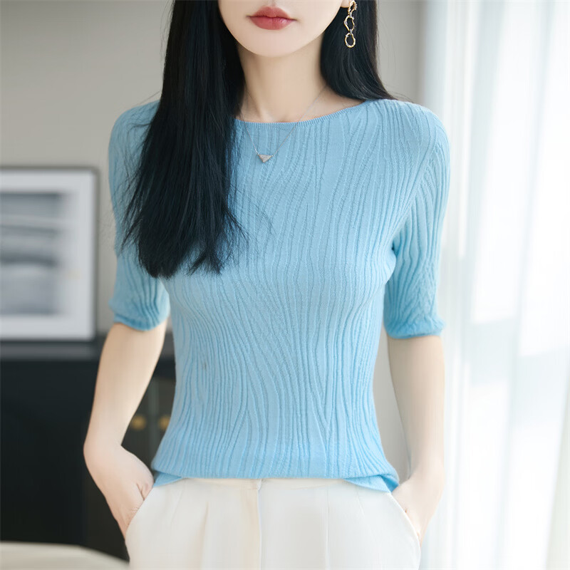 牧兰奴卡2026夏季新款纯羊毛精纺薄款五分袖针织衫女套头短袖修身打底衫 浅蓝色 S