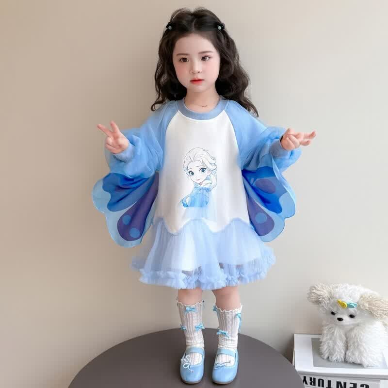 女童连衣裙春秋季2026新款甜美网纱爱莎翅膀女宝宝春装洋气公主裙 蓝色 140 cm