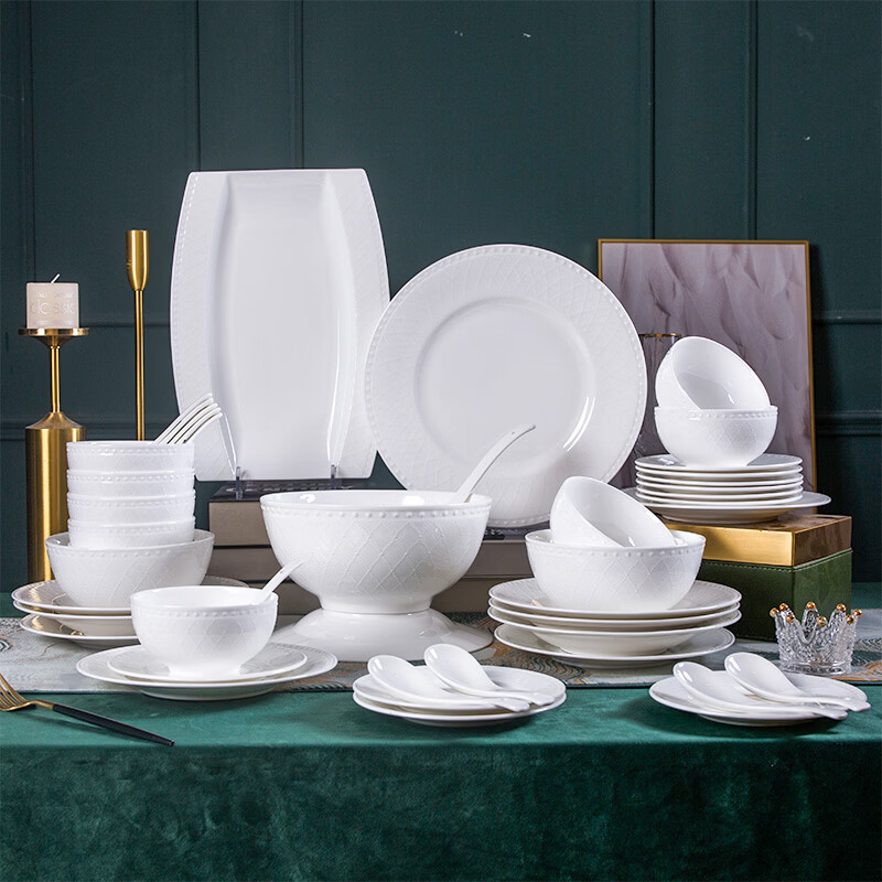 锦秋堂纯白家用骨瓷餐具碗碟套装 素胚 釉下彩陶瓷器结婚搬家送礼礼盒装 米饭碗2个