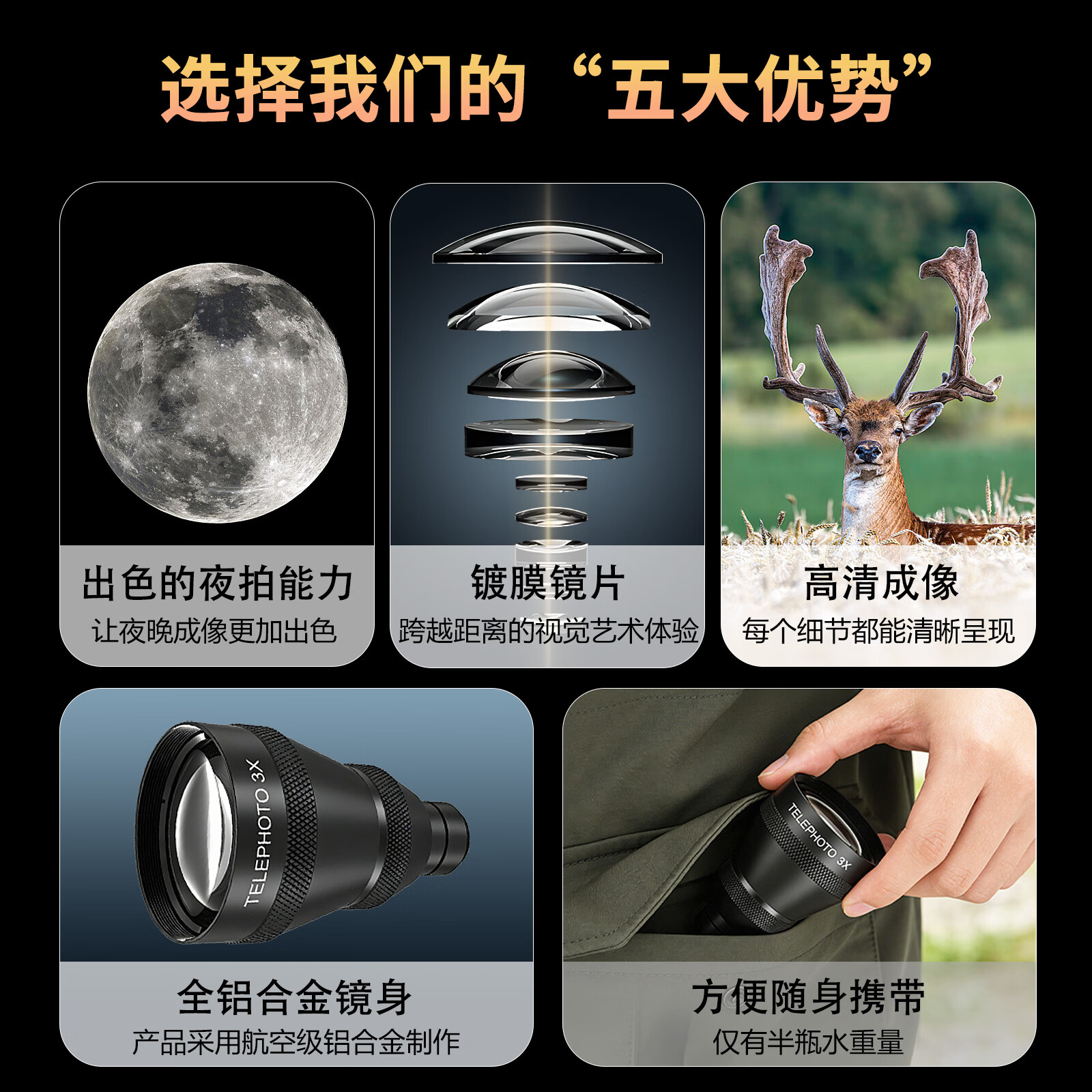 VEEDZOENS适用于vivo华为苹果oppo小米3X长焦手机望远增距镜增倍镜外接外置镜头专业摄影演唱会拍摄神器 3X增距镜*专用手机壳(具体机型请询问客服)