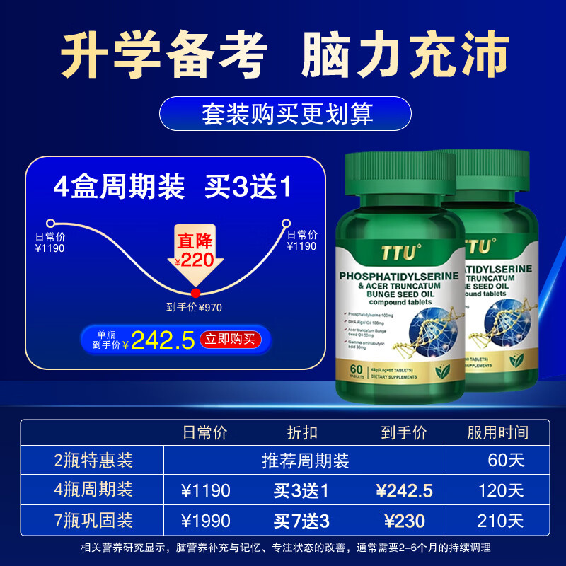 TTU青少年神经酸元宝枫籽油脂酰丝氨酸藻油DHA补大脑记忆力备考学生 11瓶年度特惠装【开学备考冲高分】