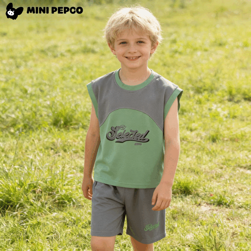 小猪班纳（PEPCO）夏季新款男童T恤韩版字母拼接无袖珠地儿童套装坎肩上衣五分裤子 KS珠地套装-灰色拼绿 150 京东折扣/优惠券