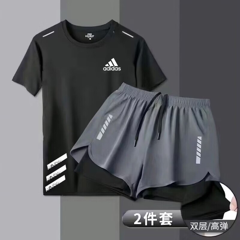 ADIPRENE阿迪达斯新款运动短袖短裤套装速干体育田径男女训练健身跑步马拉 阿迪达斯阿迪达斯黑色速干衣-灰双层短裤【AD33-镭射】 阿迪达斯阿迪达斯S码【推荐60-75斤】