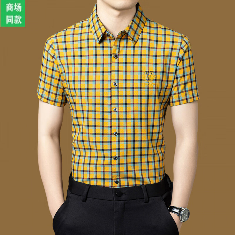 B PRORSUM巴宝莉男士商务休闲短袖格子衬衫翻领透气修身纯棉衬衣夏中青年时 十大奢侈品男装黄色 M 165__建议体重100-120斤
