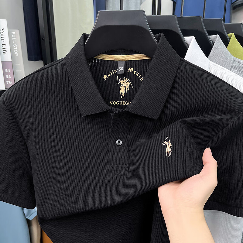 尺度保罗100%纯棉短袖T恤男士夏季薄款透气绣花商务休闲宽松大码POLO衫男 IG83318花灰 L 推荐120-135斤